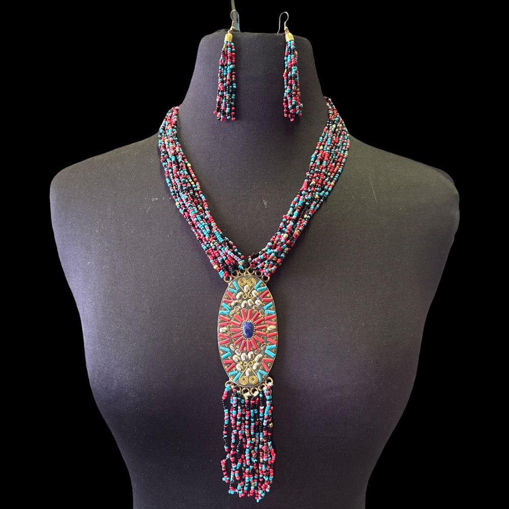 Boho Beaded Statement Necklace & Earring Set – Turquoise & Red – Fringe Pendant